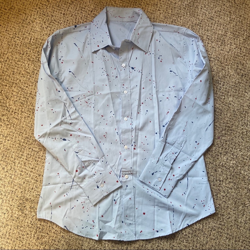 NEW Men’s Button Down Multicolor Paint Splatter Splash Light Blue Shirt Large